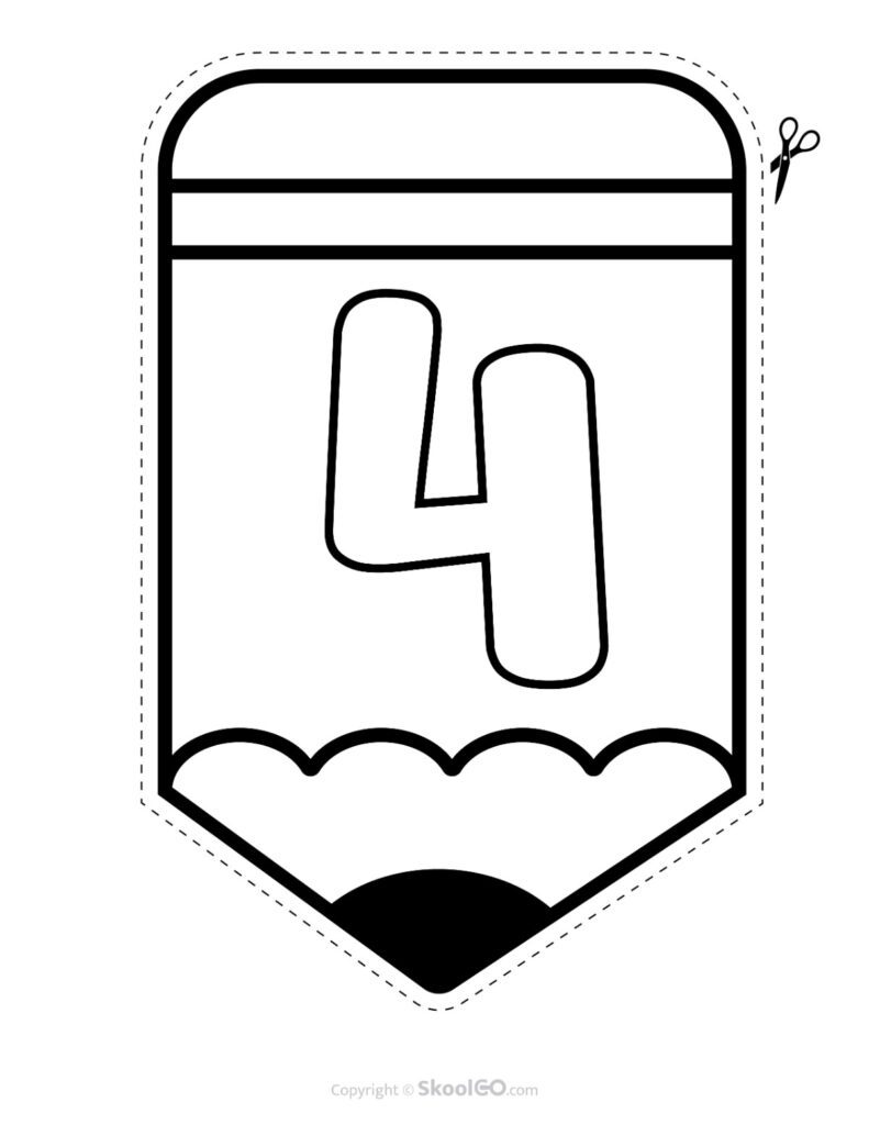 Back to School Pencil Alphabet Banner Number 4 Black and White Printable pencil alphabet bulletin banner Number 4 in black and white