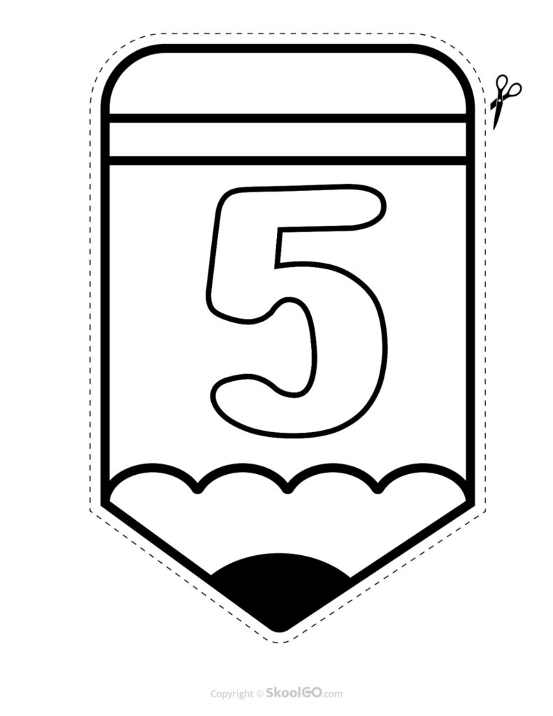 Back to School Pencil Alphabet Banner Number 5 Black and White Printable pencil alphabet bulletin banner Number 5 in black and white