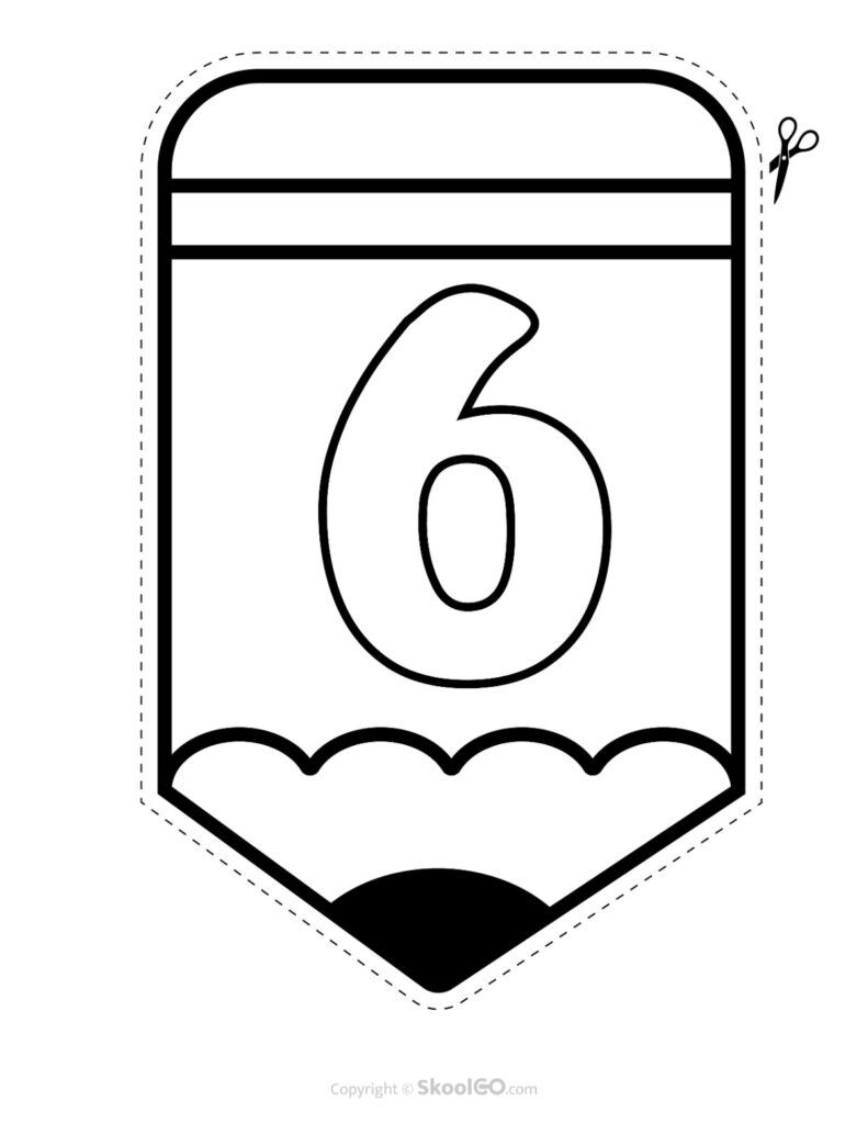 Back to School Pencil Alphabet Banner Number 6 Black and White Printable pencil alphabet bulletin banner Number 6 in black and white