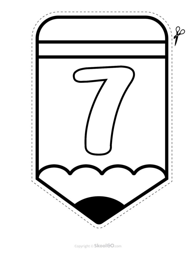 Back to School Pencil Alphabet Banner Number 7 Black and White Printable pencil alphabet bulletin banner Number 7 in black and white