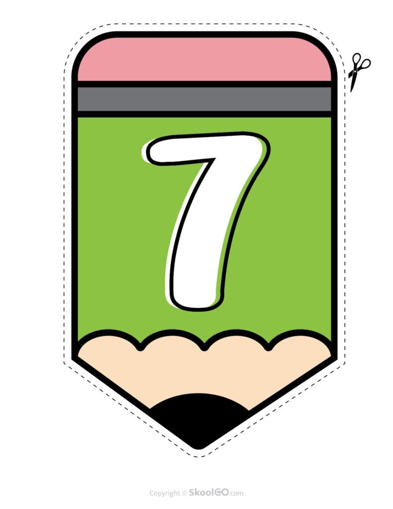 Back to School Pencil Alphabet Banner Number 7 Printable pencil alphabet bulletin banner number 7 in full color