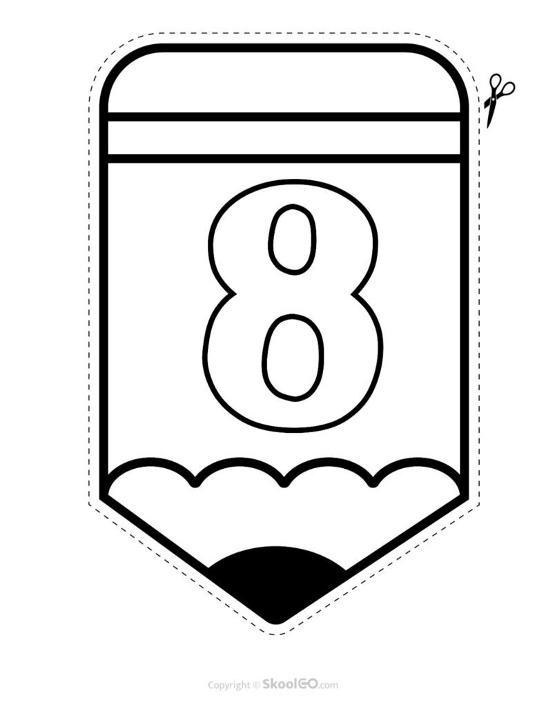 Back to School Pencil Alphabet Banner Number 8 Black and White Printable pencil alphabet bulletin banner Number 8 in black and white
