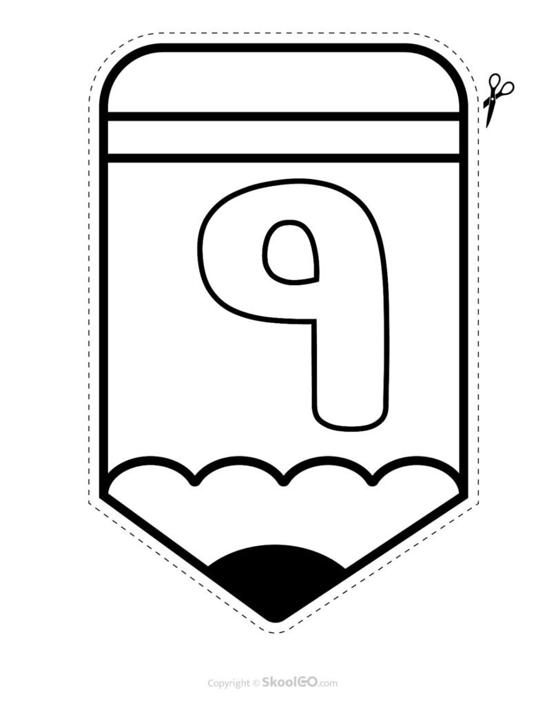 Back to School Pencil Alphabet Banner Number 9 Black and White Printable pencil alphabet bulletin banner Number 9 in black and white