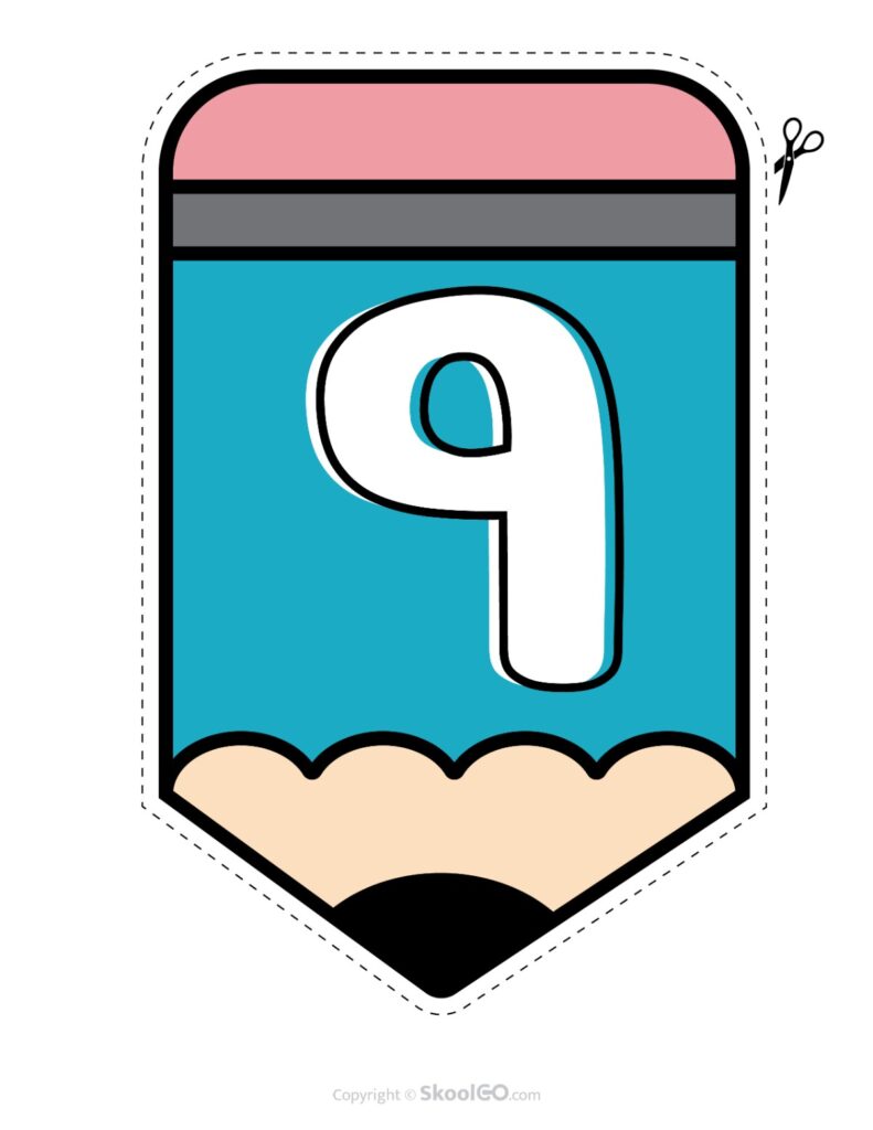 Back to School Pencil Alphabet Banner Number 9 Printable pencil alphabet bulletin banner number 9 in full color