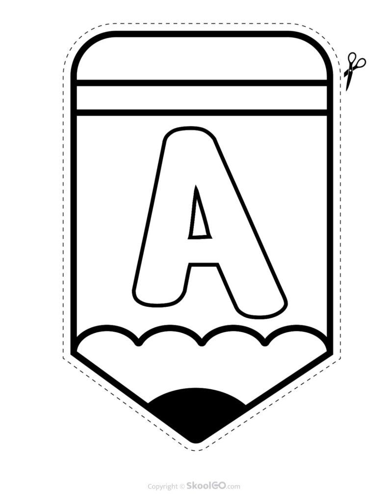 Back to School Pencil Alphabet Banner Letter A Black and White Printable pencil alphabet bulletin banner letter A in black and white