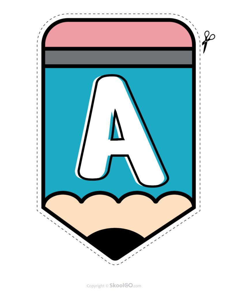 Back to School Pencil Alphabet Banner Letter A Printable pencil alphabet bulletin banner letter A in full color