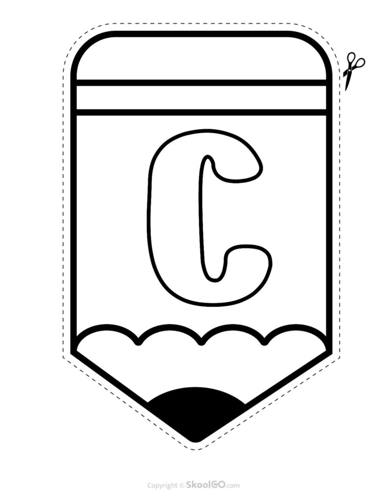 Back to School Pencil Alphabet Banner Letter C Black and White Printable pencil alphabet bulletin banner letter C in black and white