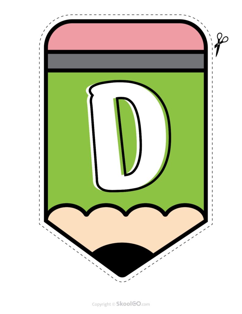 Back to School Pencil Alphabet Banner Letter D Printable pencil alphabet bulletin banner letter D in full color