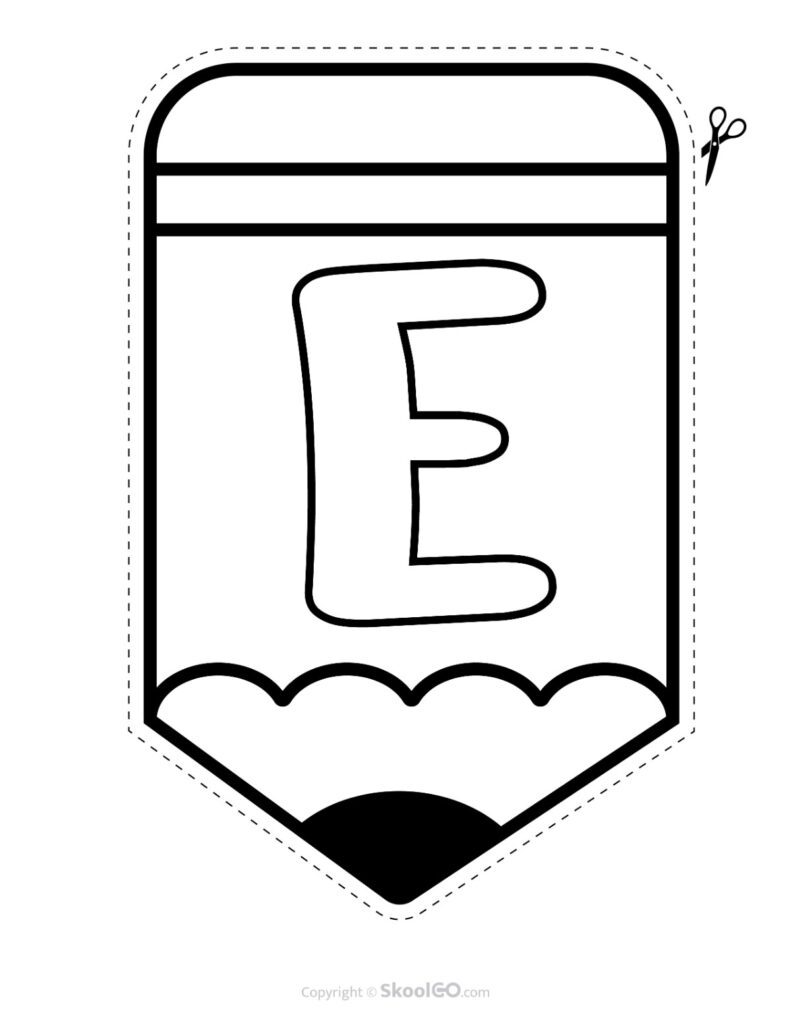 Back to School Pencil Alphabet Banner Letter E Black and White Printable pencil alphabet bulletin banner letter E in black and white