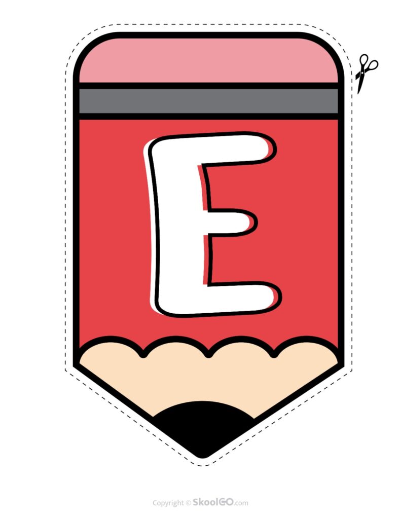 Back to School Pencil Alphabet Banner Letter E Printable pencil alphabet bulletin banner letter E in full color