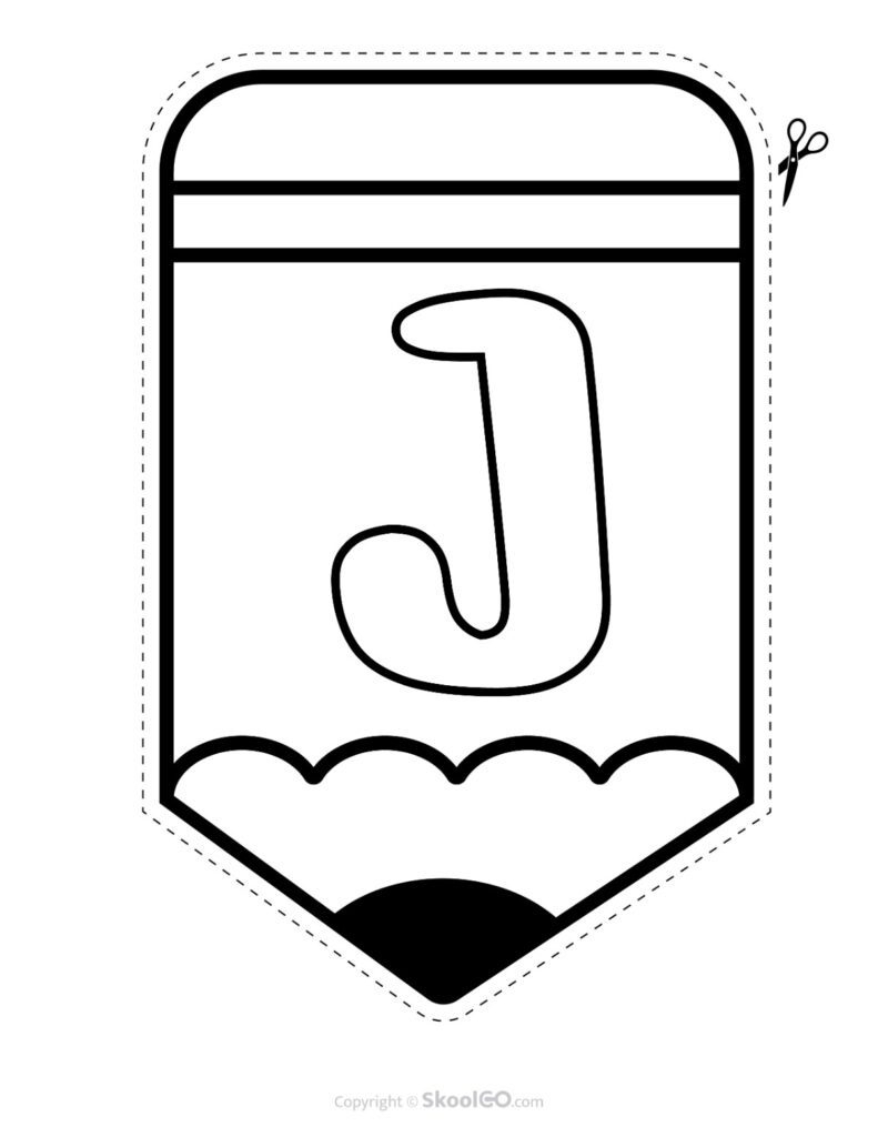 Back to School Pencil Alphabet Banner Letter J Black and White Printable pencil alphabet bulletin banner letter J in black and white