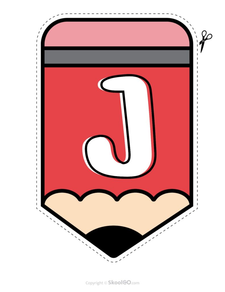 Back to School Pencil Alphabet Banner Letter J Printable pencil alphabet bulletin banner letter J in full color