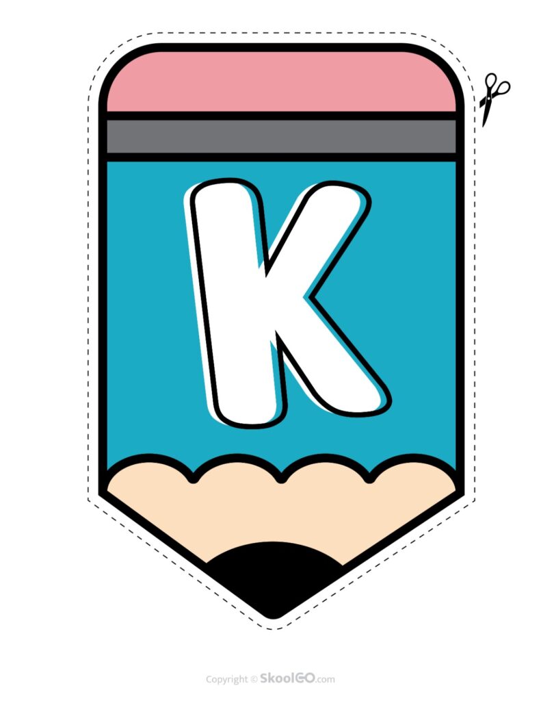 Back to School Pencil Alphabet Banner Letter K Printable pencil alphabet bulletin banner letter K in full color