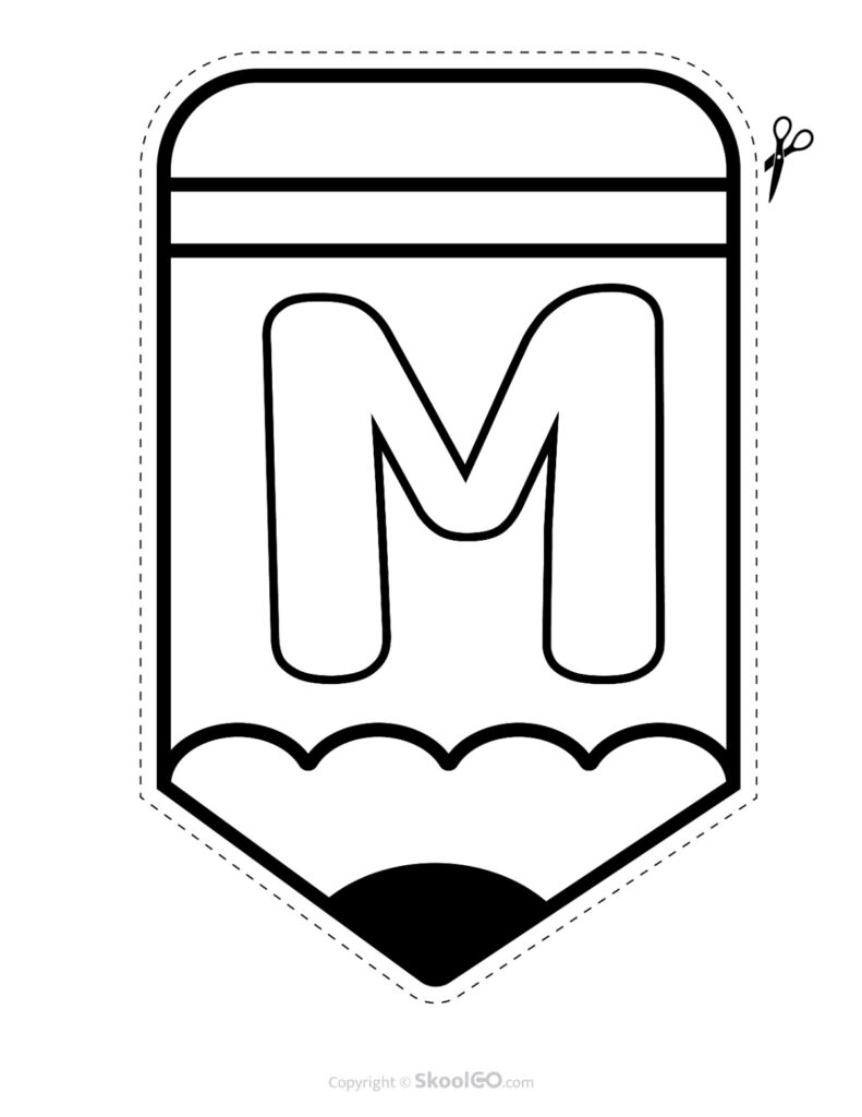 Back to School Pencil Alphabet Banner Letter M Black and White Printable pencil alphabet bulletin banner letter M in black and white