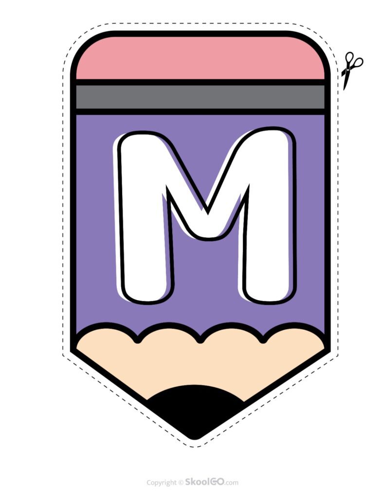 Back to School Pencil Alphabet Banner Letter M Printable pencil alphabet bulletin banner letter M in full color