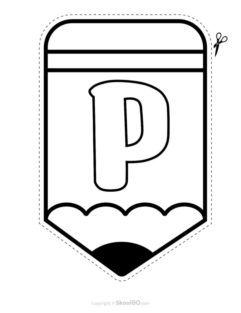 Back to School Pencil Alphabet Banner Letter P Black and White Printable pencil alphabet bulletin banner letter P in black and white
