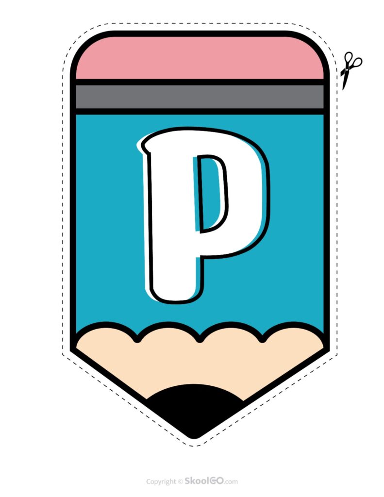 Back to School Pencil Alphabet Banner Letter P Printable pencil alphabet bulletin banner letter P in full color