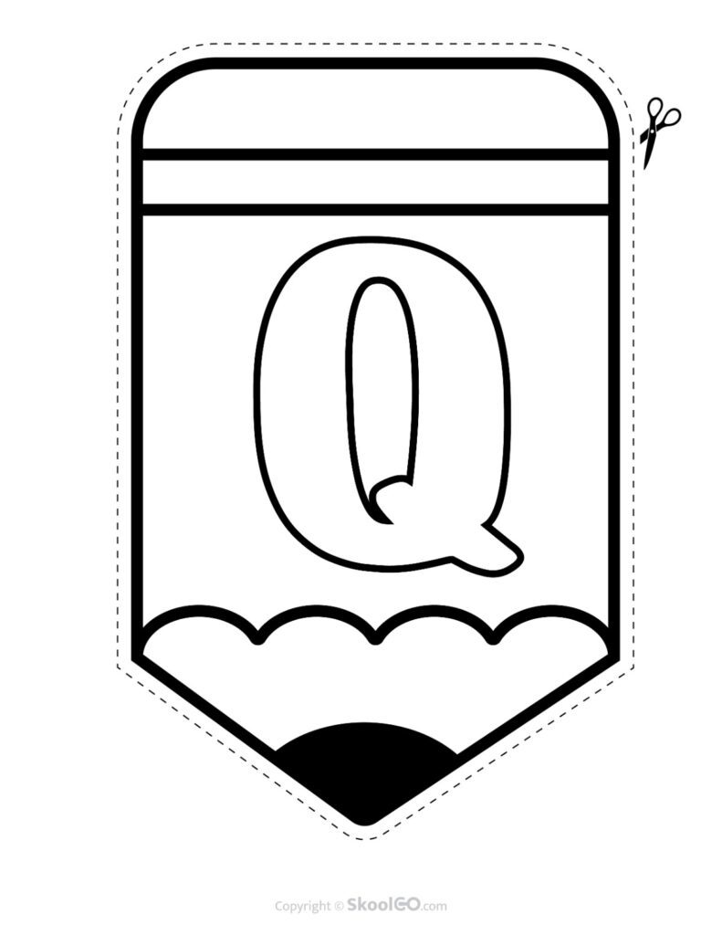 Back to School Pencil Alphabet Banner Letter Q Black and White Printable pencil alphabet bulletin banner letter Q in black and white