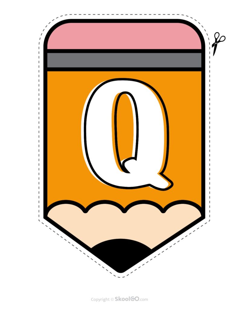 Back to School Pencil Alphabet Banner Letter Q Printable pencil alphabet bulletin banner letter Q in full color