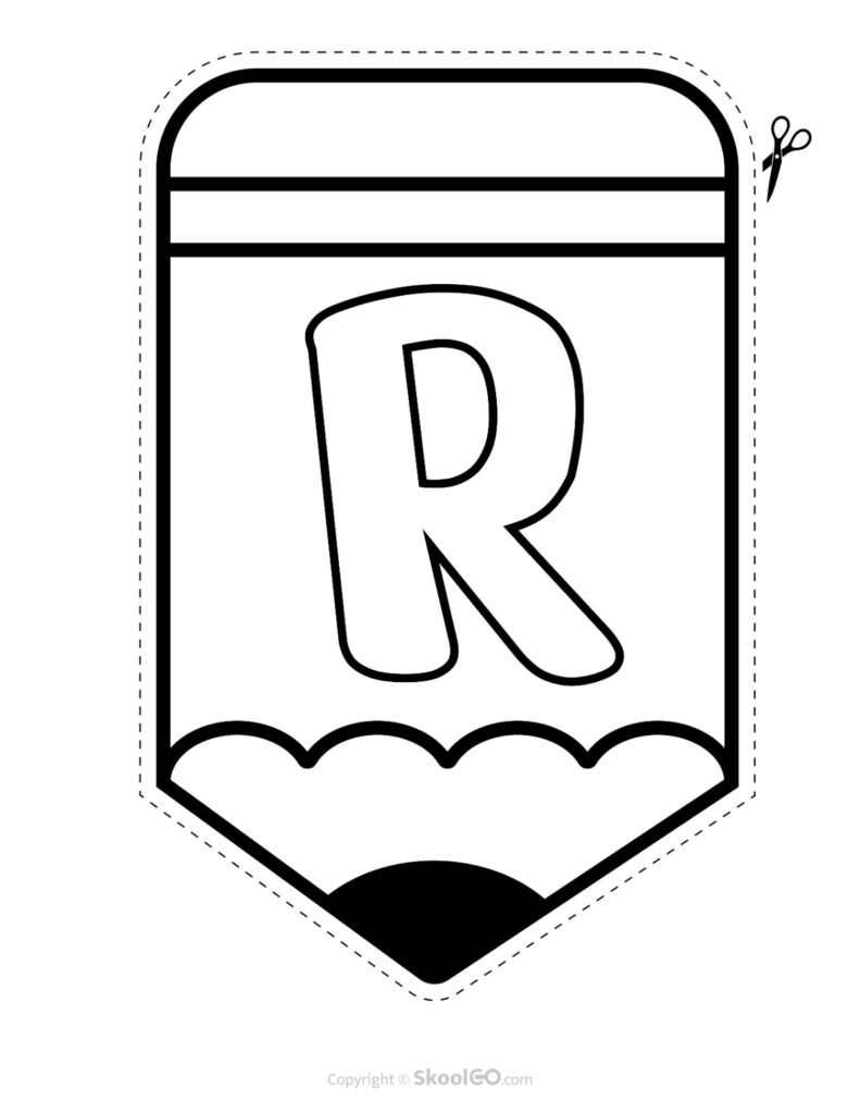 Back to School Pencil Alphabet Banner Letter R Black and White Printable pencil alphabet bulletin banner letter R in black and white