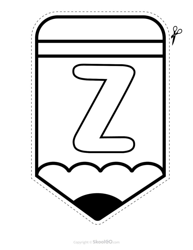 Back to School Pencil Alphabet Banner Letter Z Black and White Printable pencil alphabet bulletin banner letter Z in black and white