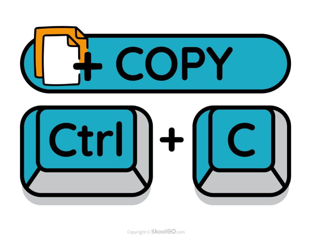 Color classroom poster featuring the Copy keyboard shortcut Ctrl + C for computer skills and digital literacy lessons.