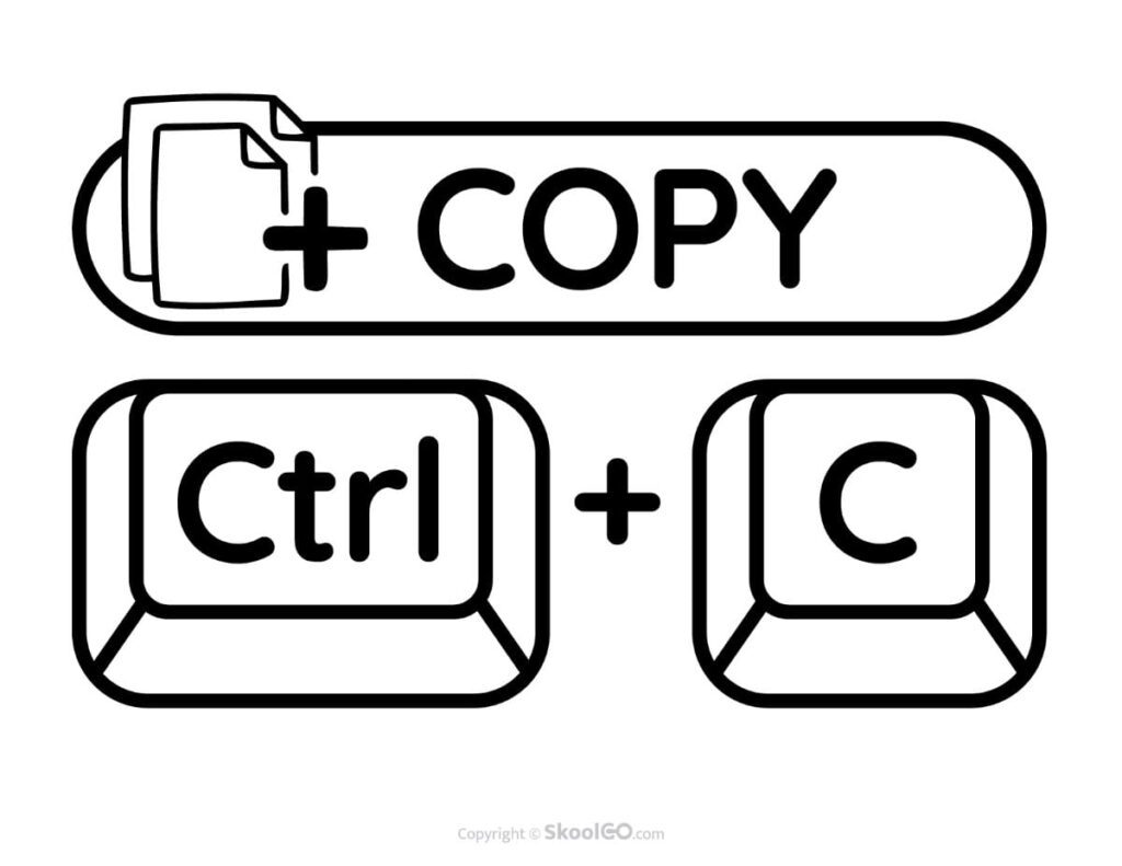 Free printable black and white Copy keyboard shortcut poster showing Ctrl + C for classroom computer skills.