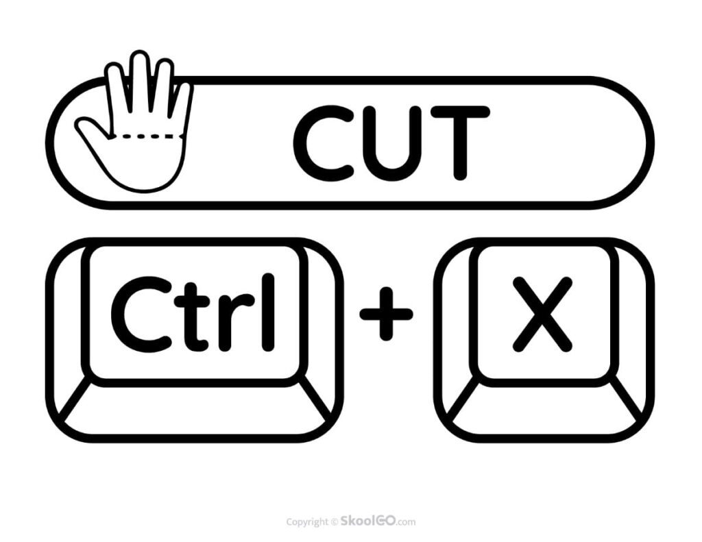 Free printable black and white Cut keyboard shortcut poster showing Ctrl + X for classroom computer skills.