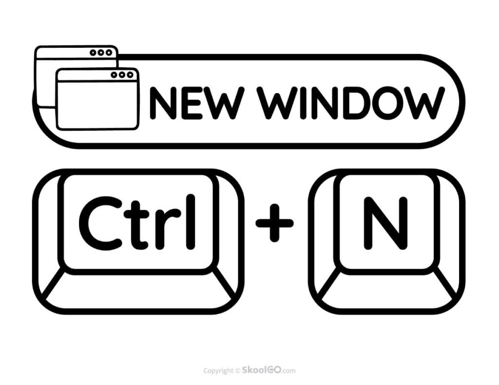 Free printable black and white New Window keyboard shortcut poster showing Ctrl + N for classroom computer skills.