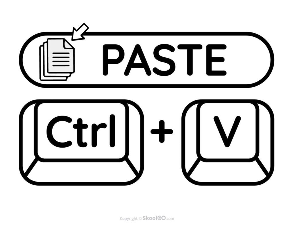 Free printable black and white Paste keyboard shortcut poster showing Ctrl + V for classroom computer skills.