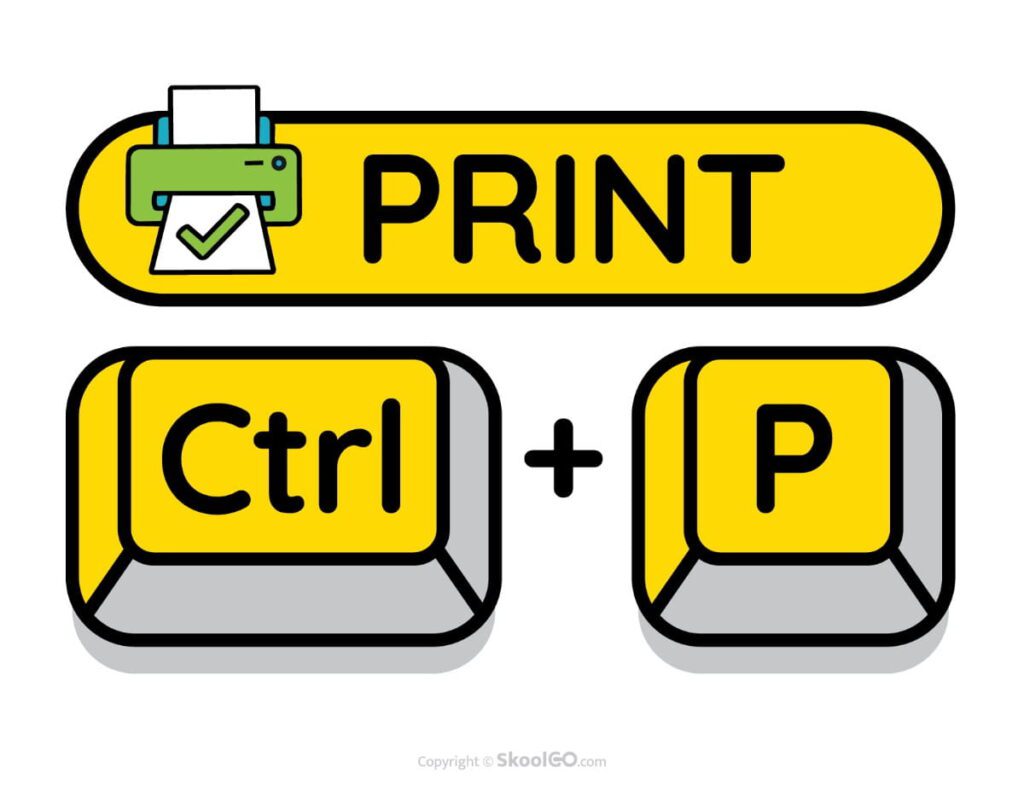 Color classroom poster featuring the Print keyboard shortcut Ctrl + P for classroom computer skills and technology learning.