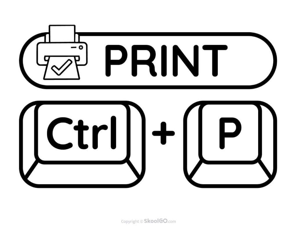 Free printable black and white Print keyboard shortcut poster showing Ctrl + P for classroom computer skills.