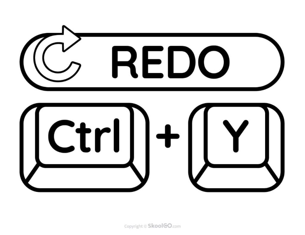 Free printable black and white Redo keyboard shortcut poster showing Ctrl + Y for classroom computer skills.