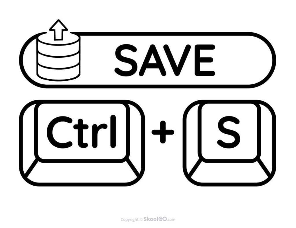 Free printable black and white Save keyboard shortcut poster showing Ctrl + S for classroom computer skills.