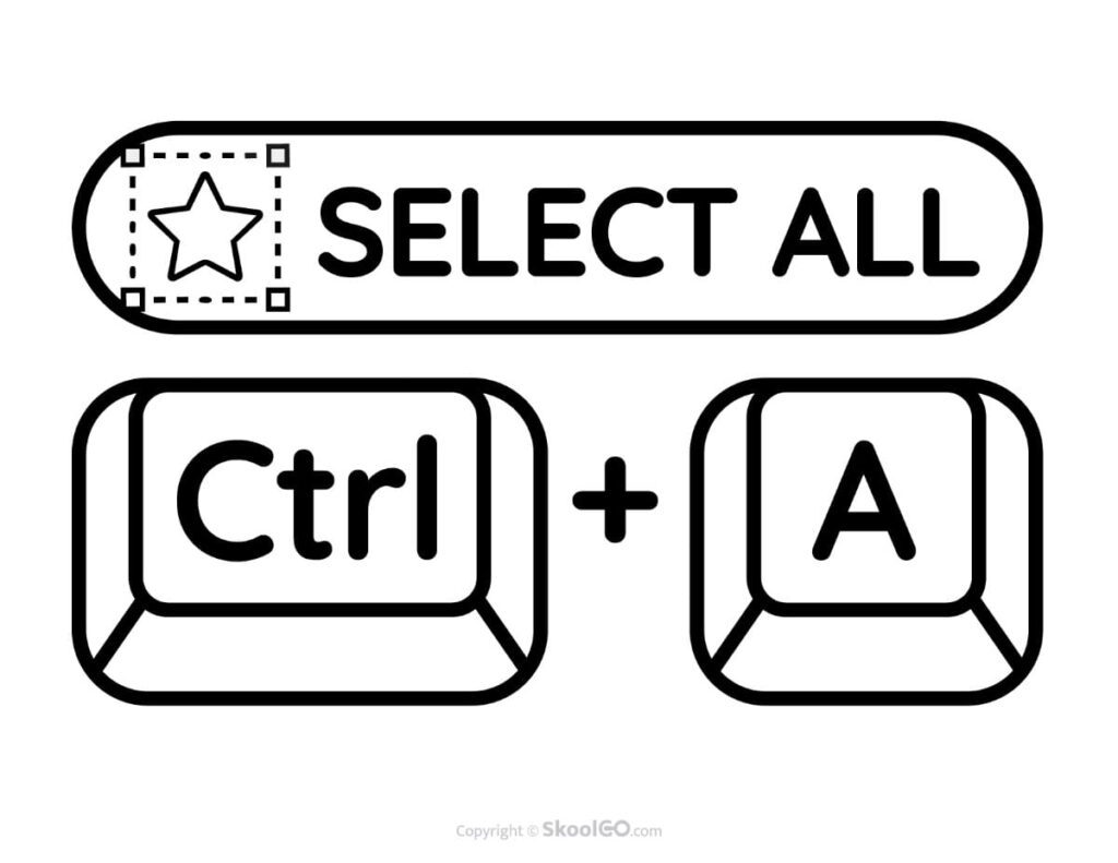 Free printable black and white Select All keyboard shortcut poster showing Ctrl + A for classroom computer skills.