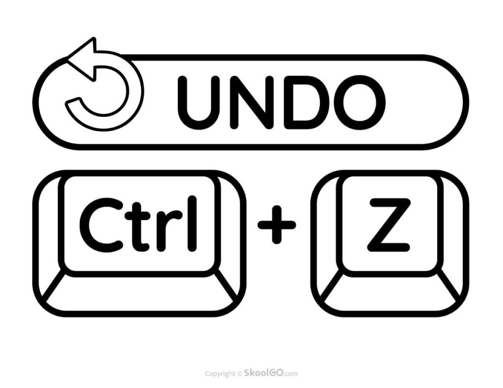 Free printable black and white Undo keyboard shortcut poster showing Ctrl + Z for classroom computer skills.