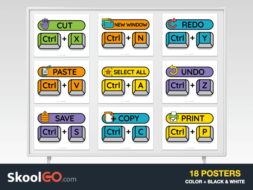 Keyboard Shortcuts Classroom Poster Set free printable PDF for classrooms and computer labs