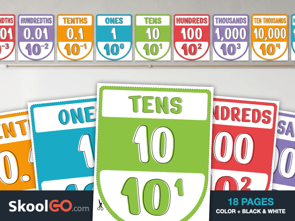 Printable Place Value Posters featuring color and black-and-white classroom displays for elementary math