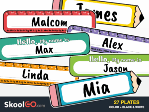 Free printable student desk name plates PDF for classroom organization with colorful and black-and-white designs.