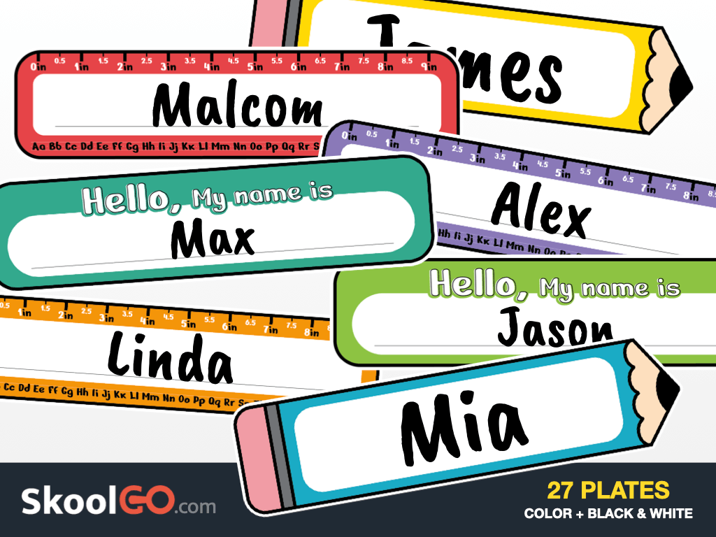 Free printable student desk name plates PDF for classroom organization with colorful and black-and-white designs.