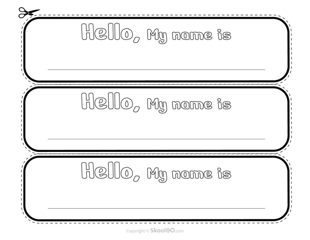 Black and White Hello Student Desk Name Plates Printer-friendly Hello My Name Is student desk name plates in black and white.
