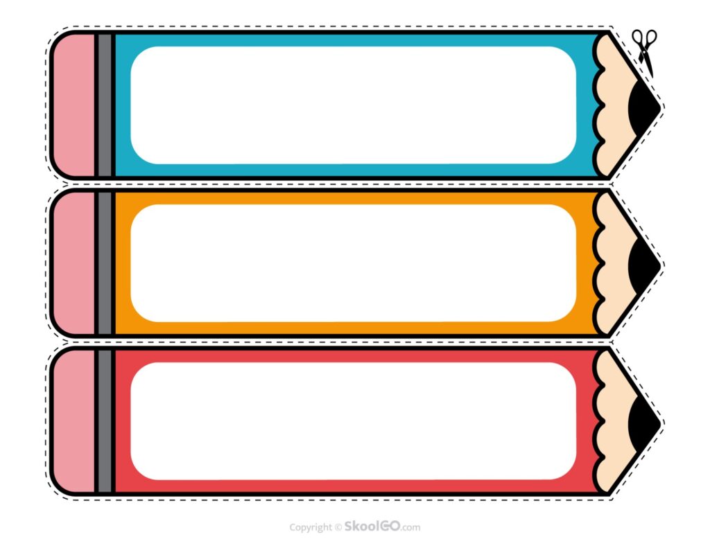 Color Pencil Student Desk Name Plates Colorful pencil-themed student desk name plates with space for student names.