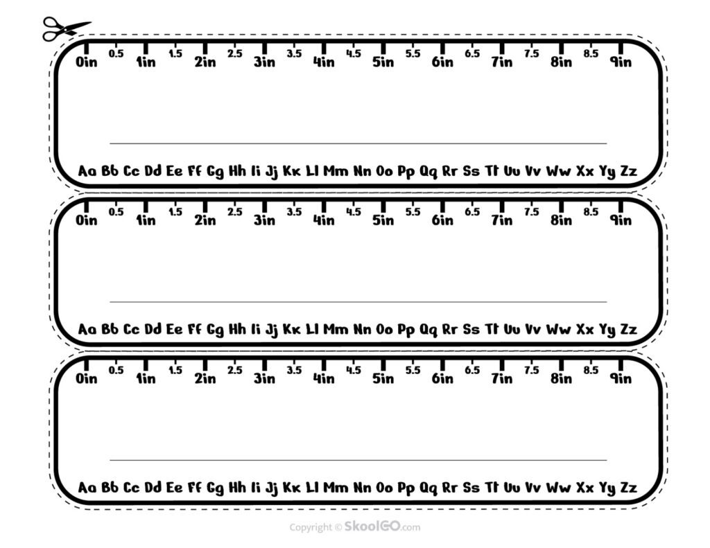 Black and White Alphabet Ruler Desk Name Plates Black-and-white student desk name plates featuring an alphabet reference and ruler design.