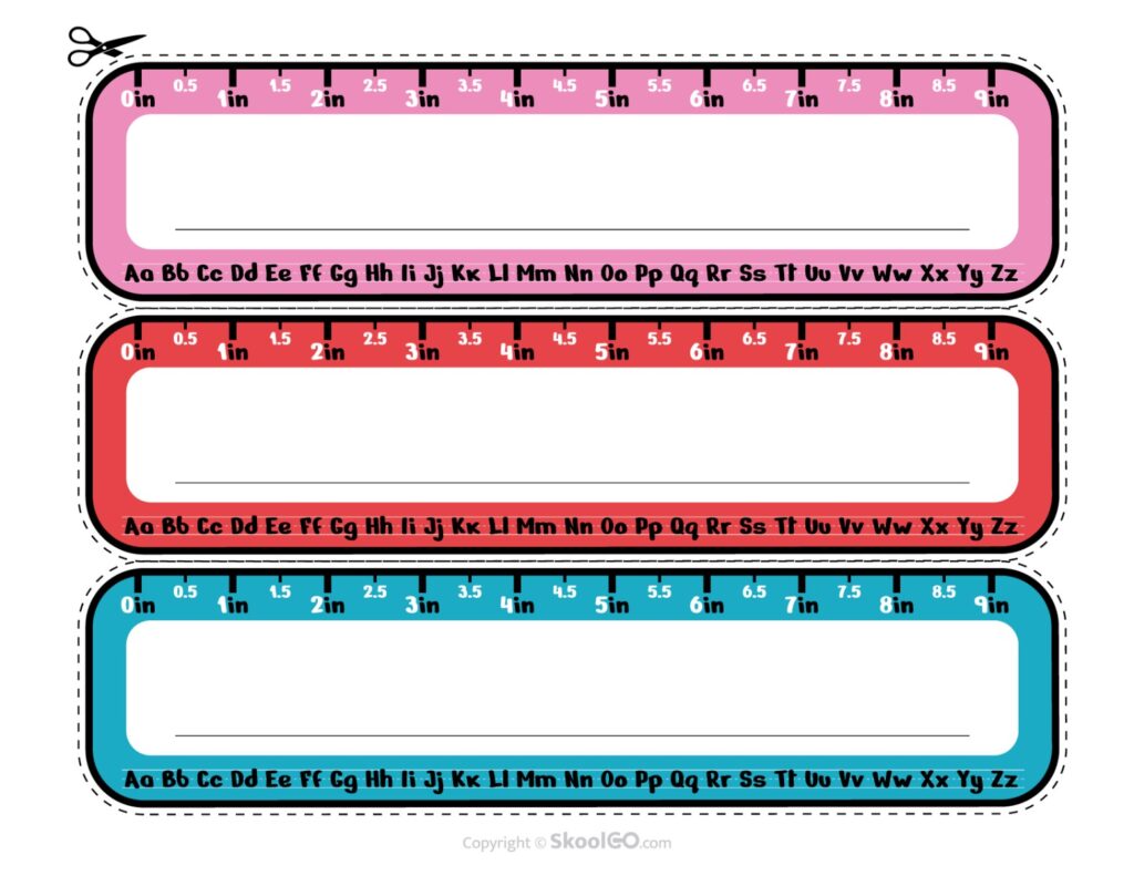 Printable Alphabet Ruler Desk Name Plates Printable ruler-style student desk name plates with alphabet strip.