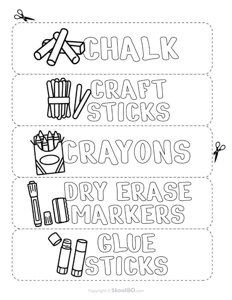 Teacher Toolbox Labels Black and White – Classroom Materials Printable black and white teacher toolbox labels for chalk, craft sticks, crayons, dry erase markers, and glue sticks.