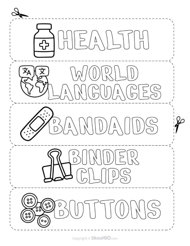 Teacher Toolbox Labels Black and White – Health and Supplies Black and white teacher toolbox labels for health, world languages, bandages, binder clips, and buttons.