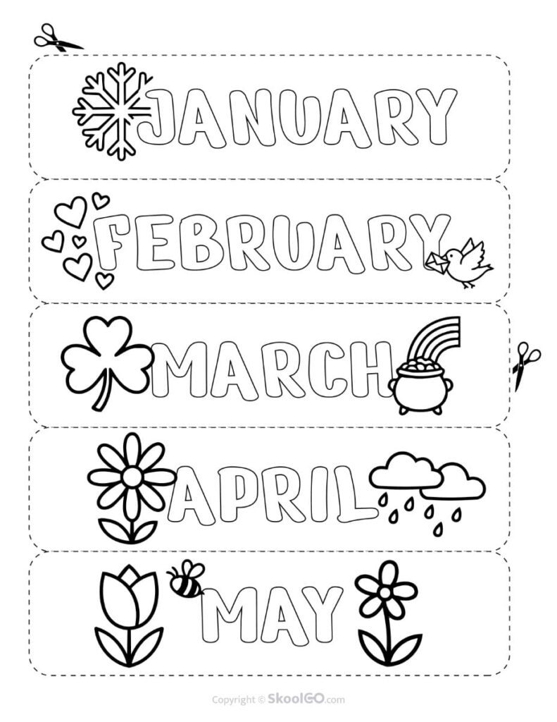 Teacher Toolbox Labels Black and White – January to May Black and white teacher toolbox labels featuring January through May for coloring and classroom organization.