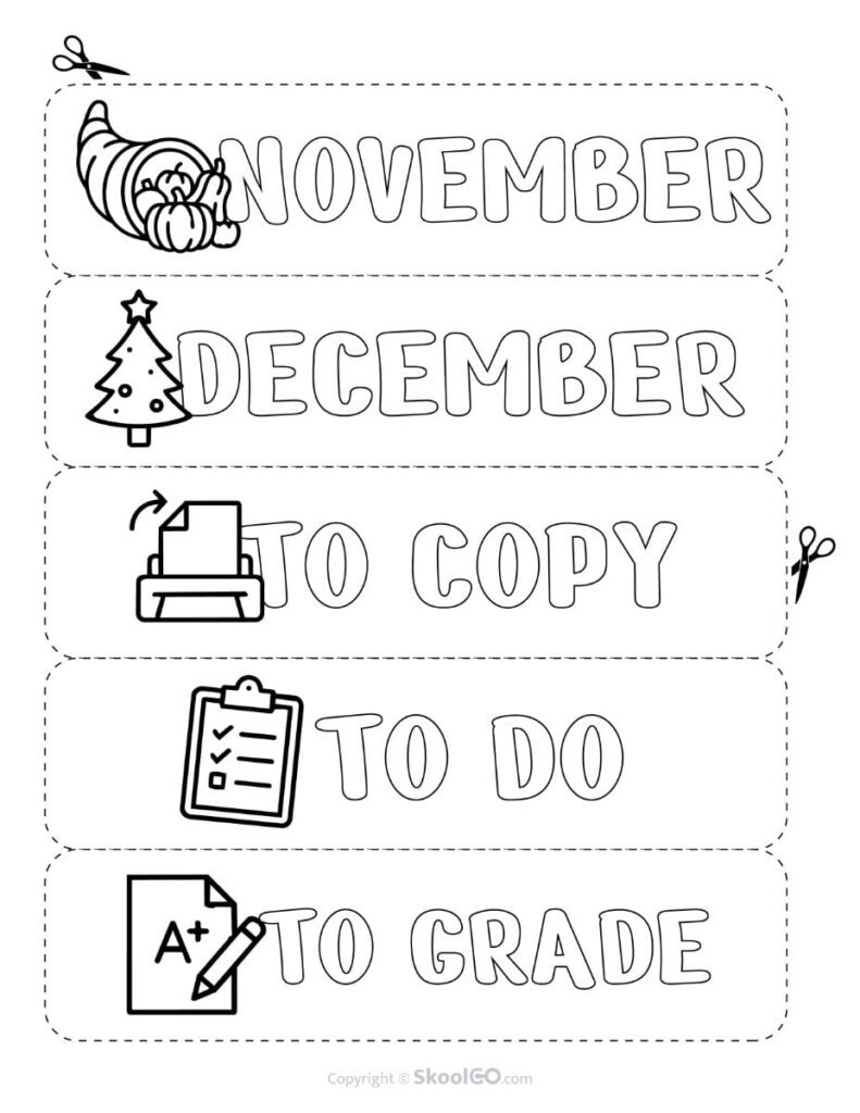Teacher Toolbox Labels Black and White – Organization Labels Black and white teacher toolbox labels for November, December, To Copy, To Do, and To Grade.