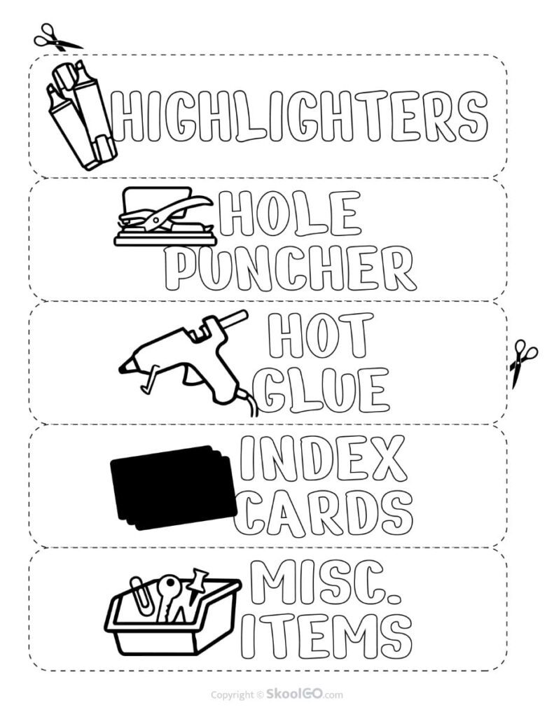 Teacher Toolbox Labels Black and White – Office Supplies Black and white teacher toolbox labels for highlighters, hole puncher, hot glue, index cards, and miscellaneous items.