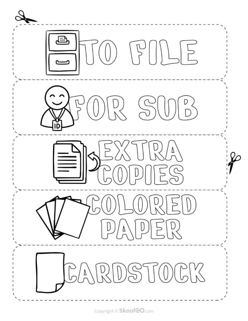 Teacher Toolbox Labels Black and White – Classroom Supplies Printable black and white teacher toolbox labels for To File, For Sub, Extra Copies, Colored Paper, and Cardstock.